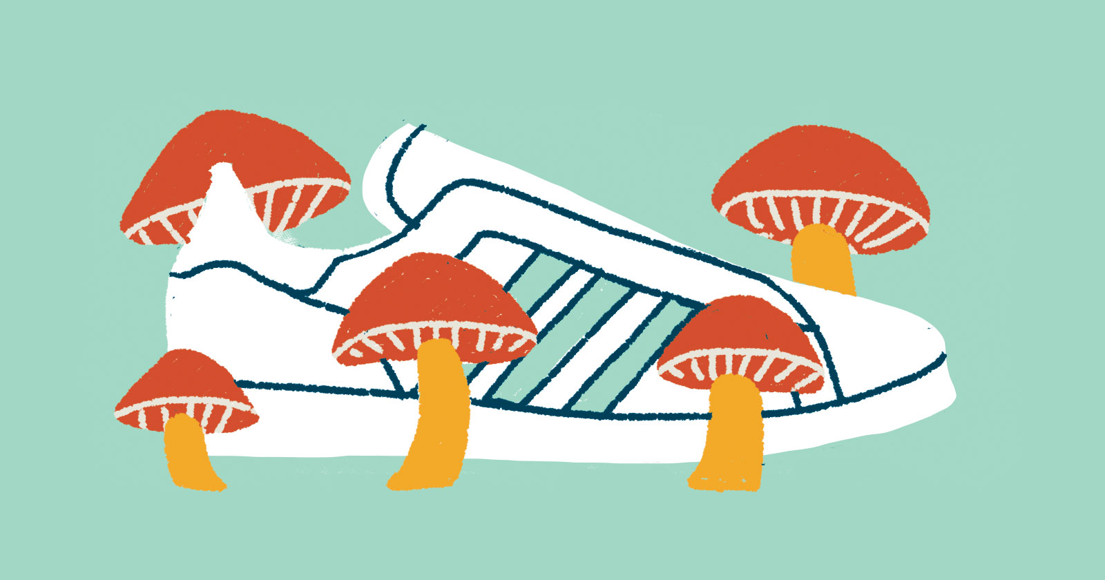 Illustrated Adidas Shoe Surrounded by Mushrooms