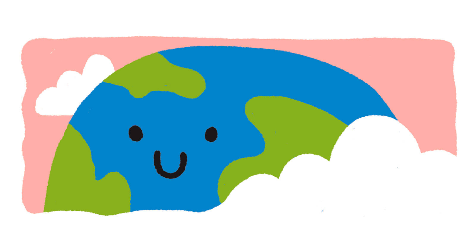 Illustration of a smiling Earth surrounded by clouds