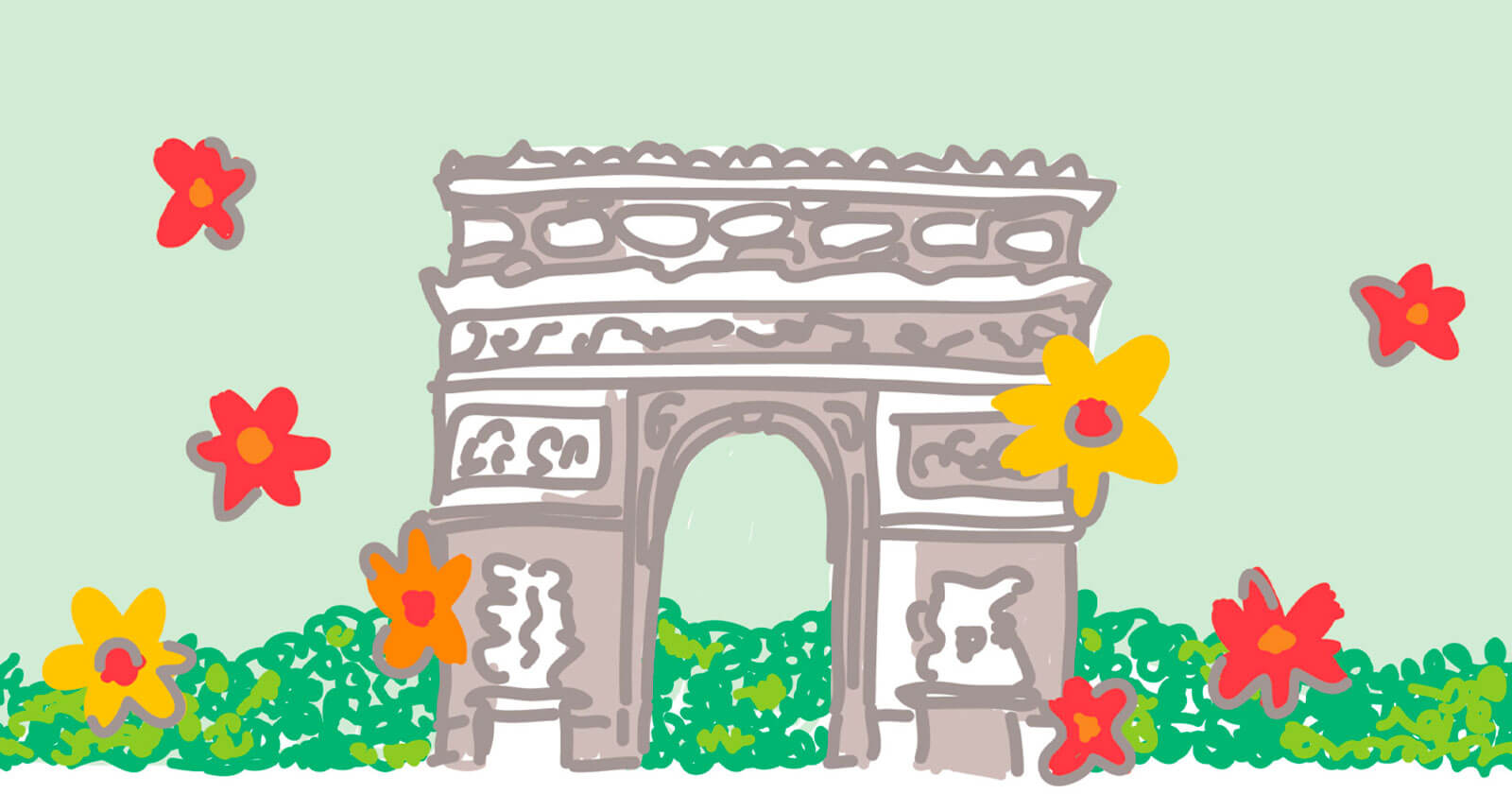 Illustrated Champs-Élysées surrounded by flowers and greenery