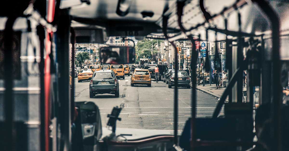 The view from inside of a bus in New York City