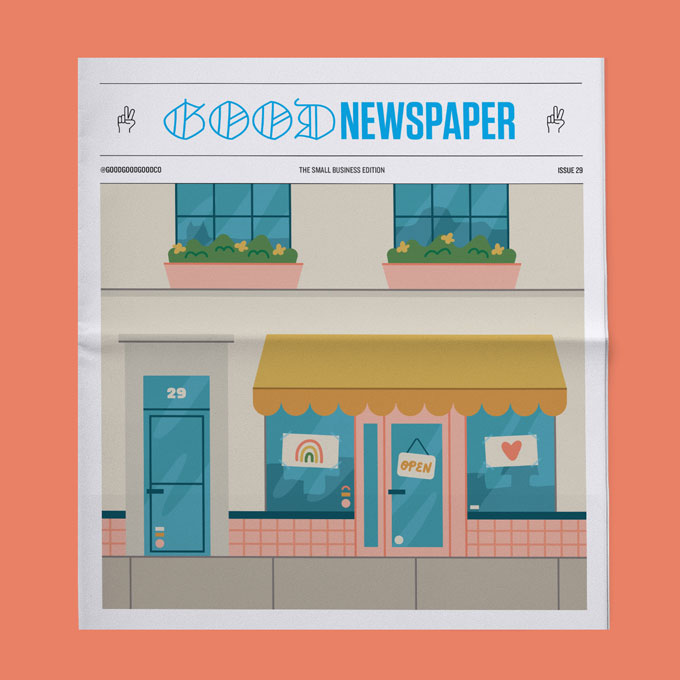 The Small Business Edition of the Goodnewspaper, with an illustration of a welcoming storefront on a city street