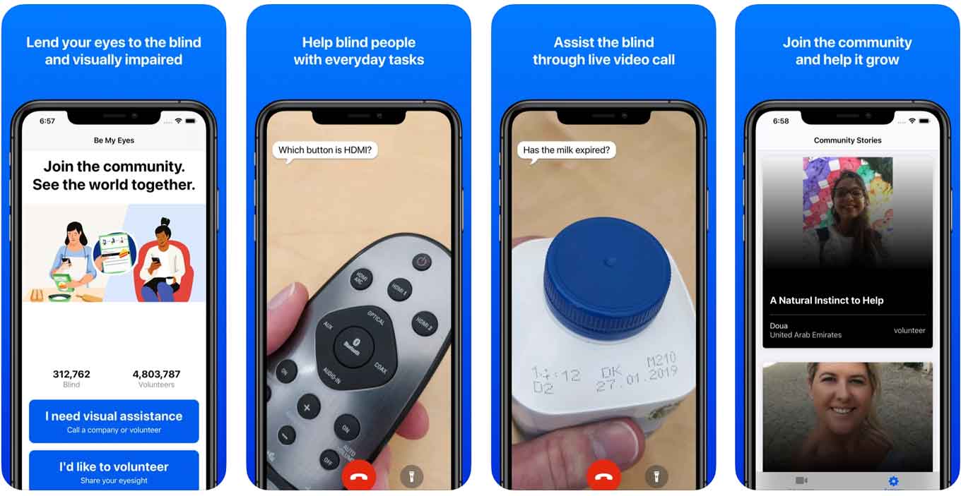 Screenshot from App Store - showing images of the Be My Eyes interface, with text saying: Lend your eye to the blind and visually impaired. I'd like to volunteer. I need visual assistance. Help blind people with everyday tasks Assist the blind through live video call. Join the community and help it grow.