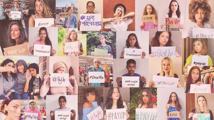 A collage of images of people posing with signs that say Pay Up in different languages