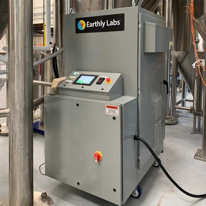 Earthly Labs silver carbon capture machine in a brewery