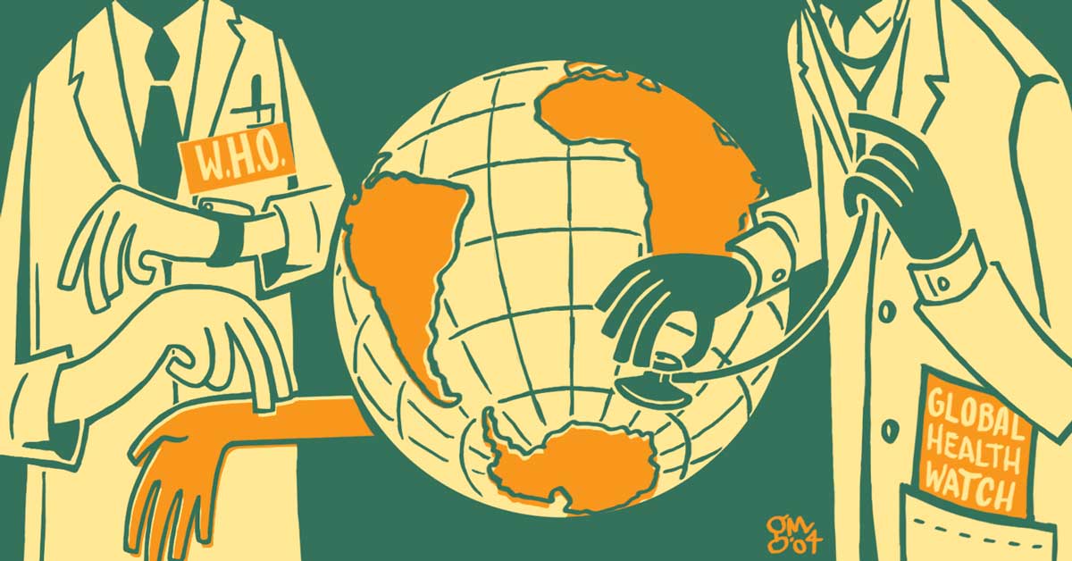 Illustration of global health organizations portrayed as doctors checking on the Earth