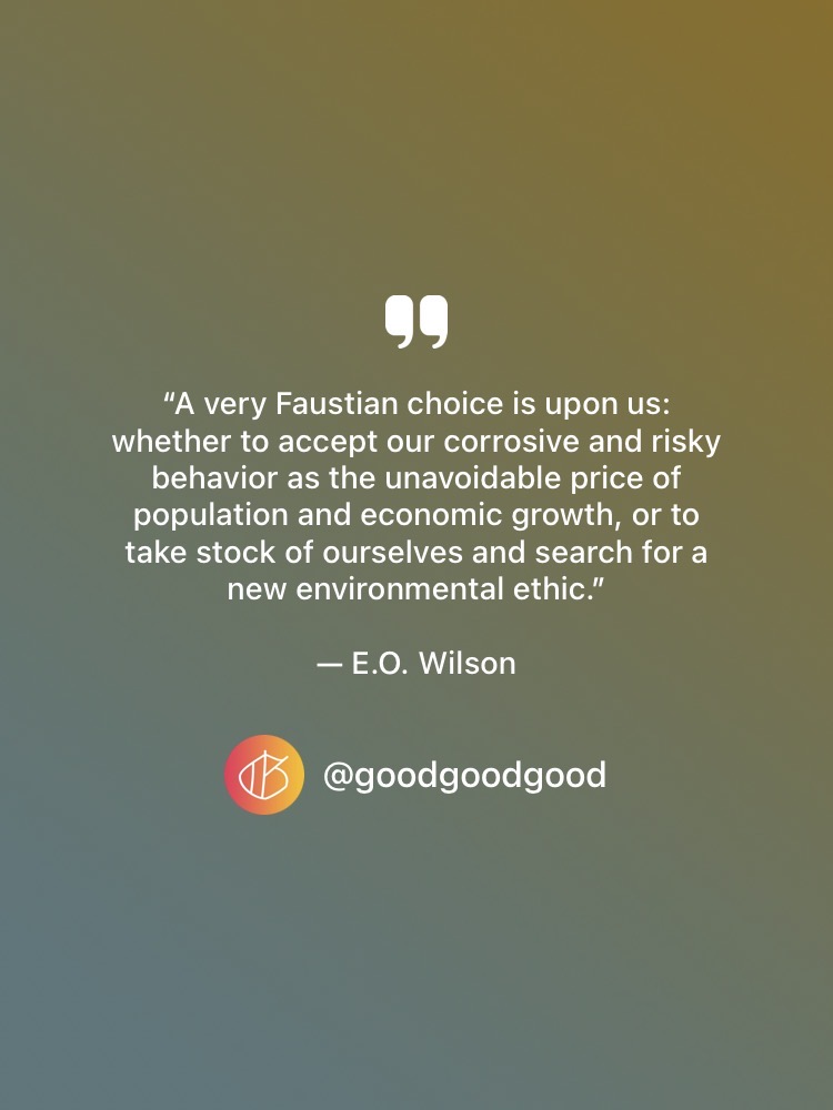 “A very Faustian choice is upon us: whether to accept our corrosive and risky behavior as the unavoidable price of population and economic growth, or to take stock of ourselves and search for a new environmental ethic.” — E.O. Wilson quote
