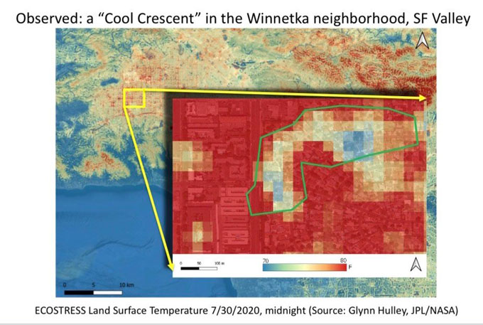 Map: Observed: a "cool crescent" in the Winnetka neighborhood, SF Valley - Ecostress land surface temperature 7/30/2020, midnight (source: glynn hulley, JPL / NASA)