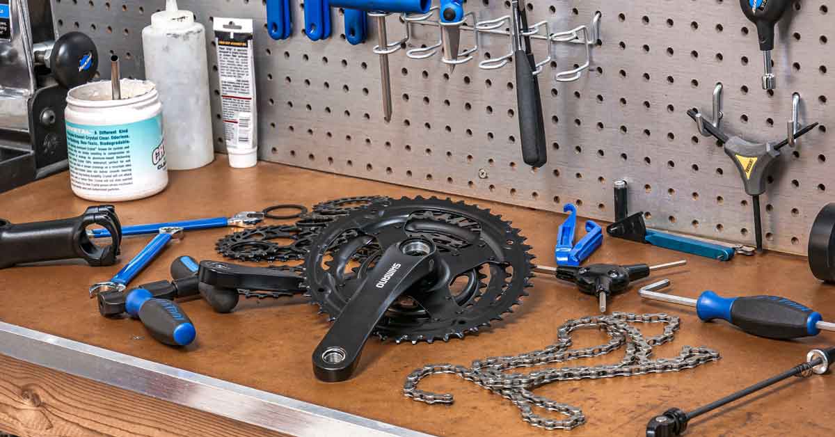 Tools and parts at a volunteer bike repair shop