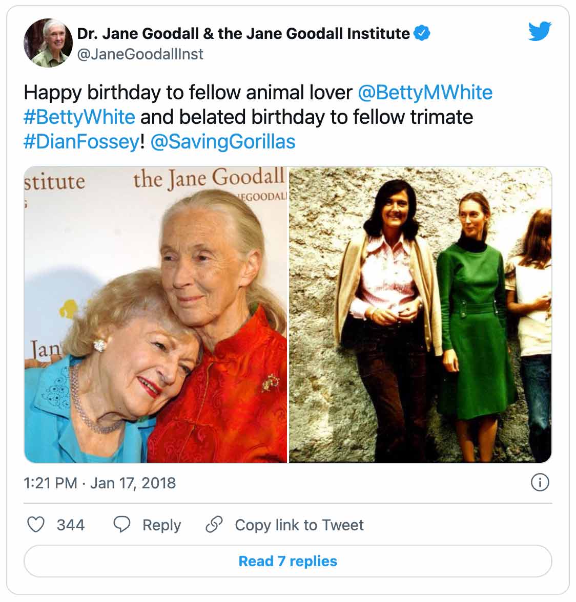 Tweet with images: Dr. Jane Goodall & the Jane Goodall Institute @JaneGoodallInst Happy birthday to fellow animal lover  @BettyMWhite  #BettyWhite and belated birthday to fellow trimate #DianFossey!  @SavingGorillas