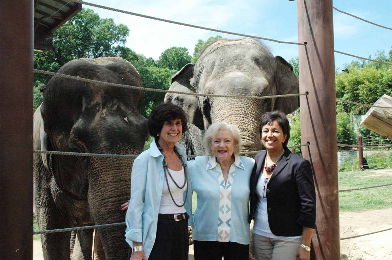 Betty White with elephants at the zoo