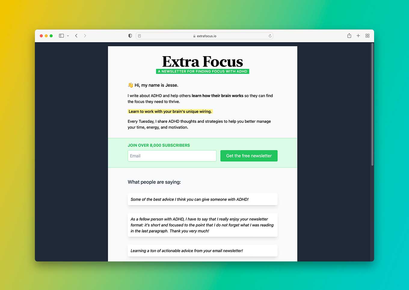 The Extra Focus webpage sits atop a gradient background.