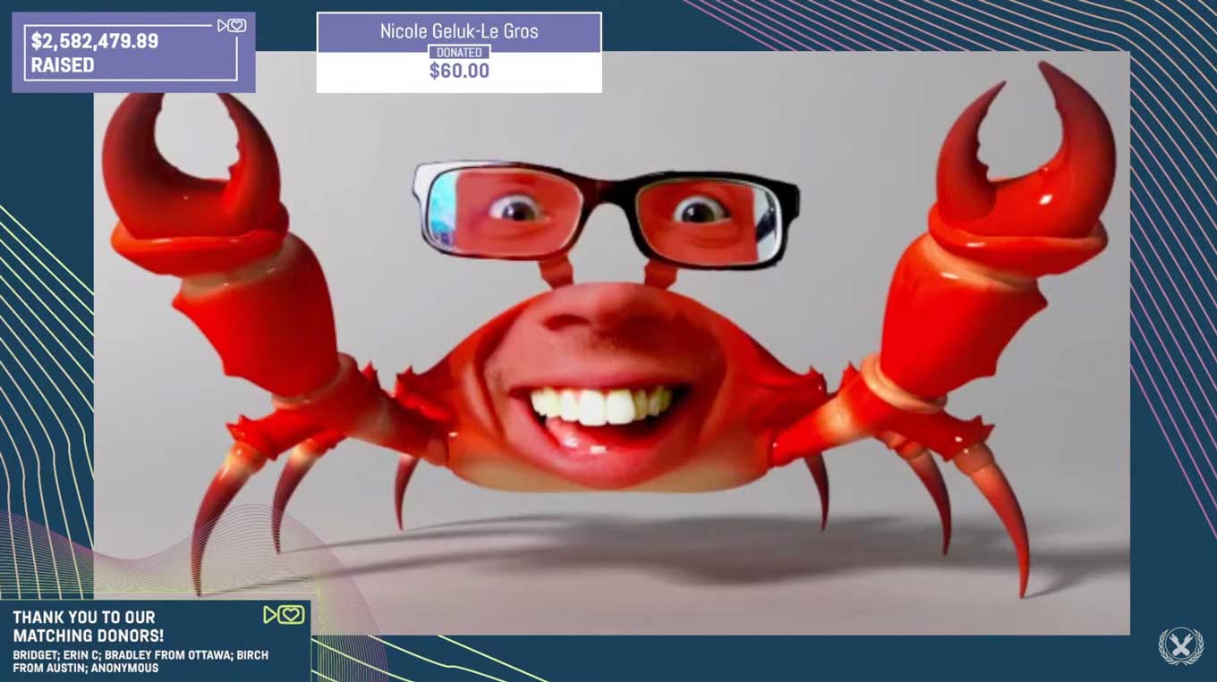 Crank Green: Hank Green as a crab wearing glasses, during the Project for Awesome livestream