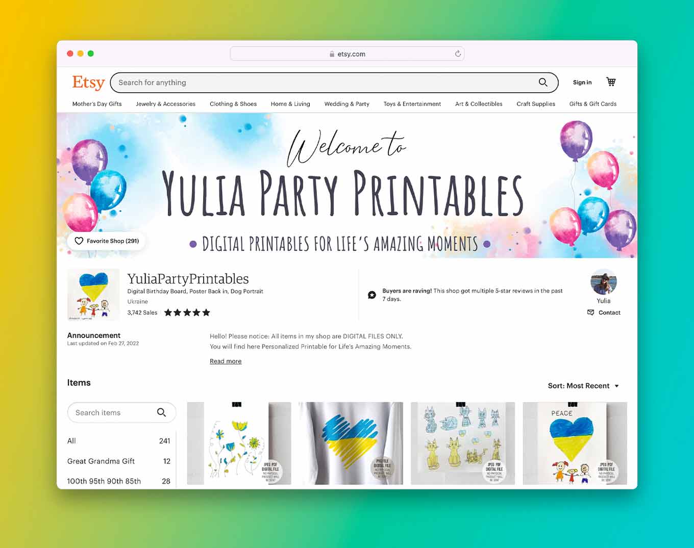 Etsy page that says: Yulia's Party Printables, with Ukrainian flag art 