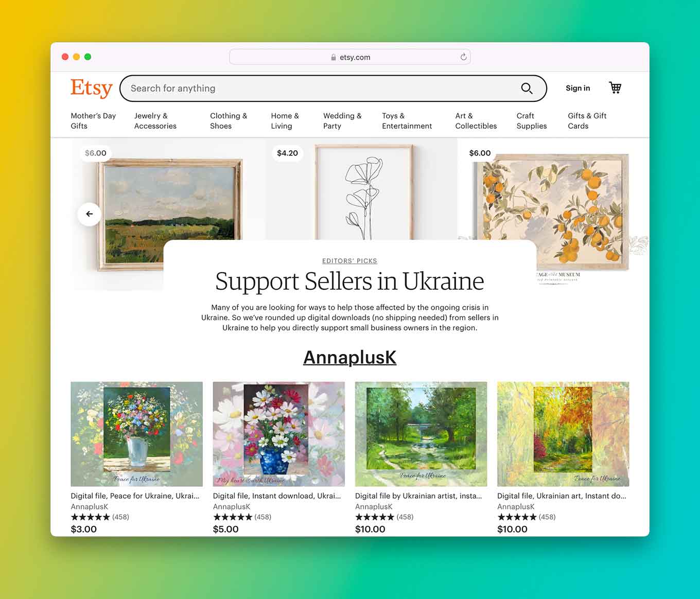 A screenshot of Etsy's curated collection of Etsy sellers in Ukraine. "Support Sellers n Ukraine: Many of you are looking for ways to help those affected by the ongoing crisis in Ukraine. So we've rounded up digital downloads (no shipping needed) from sellers in Ukraine to help you directly support small business owners in the region."