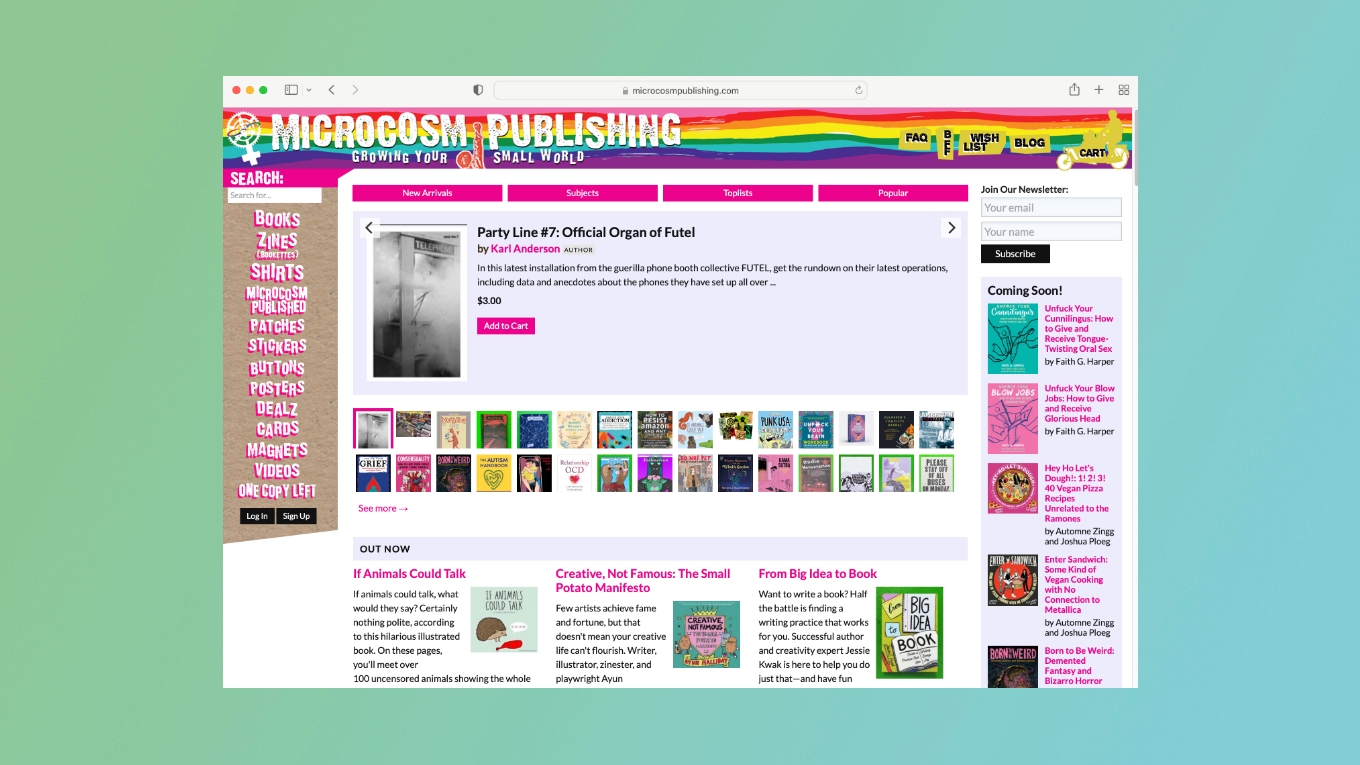 A screenshot of the Microcosm Publishing website displays a number of book and zine selections