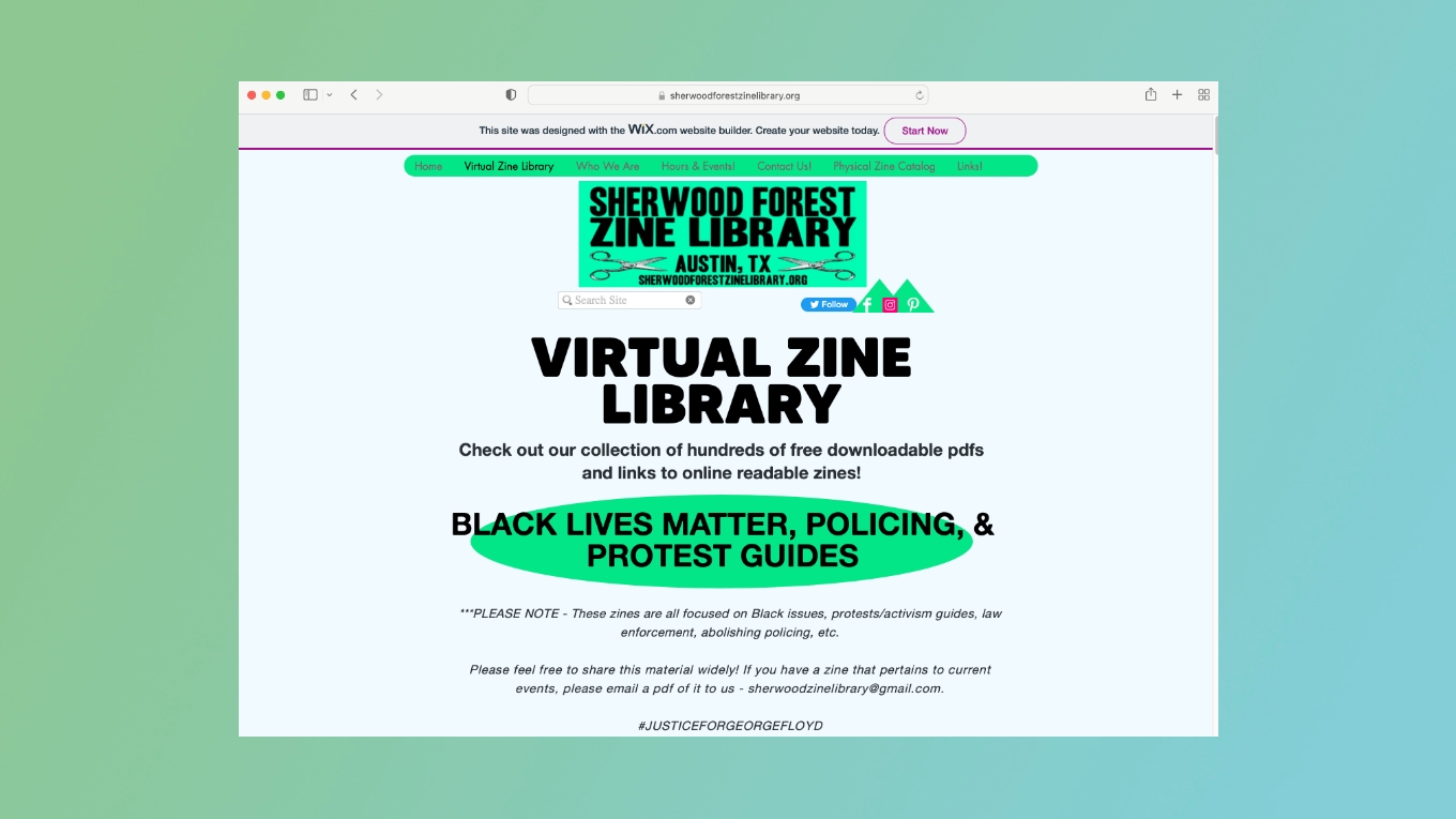 A screenshot of the Sherwood Forest Zine Library displays a list of Black Lives Matter zines to read.