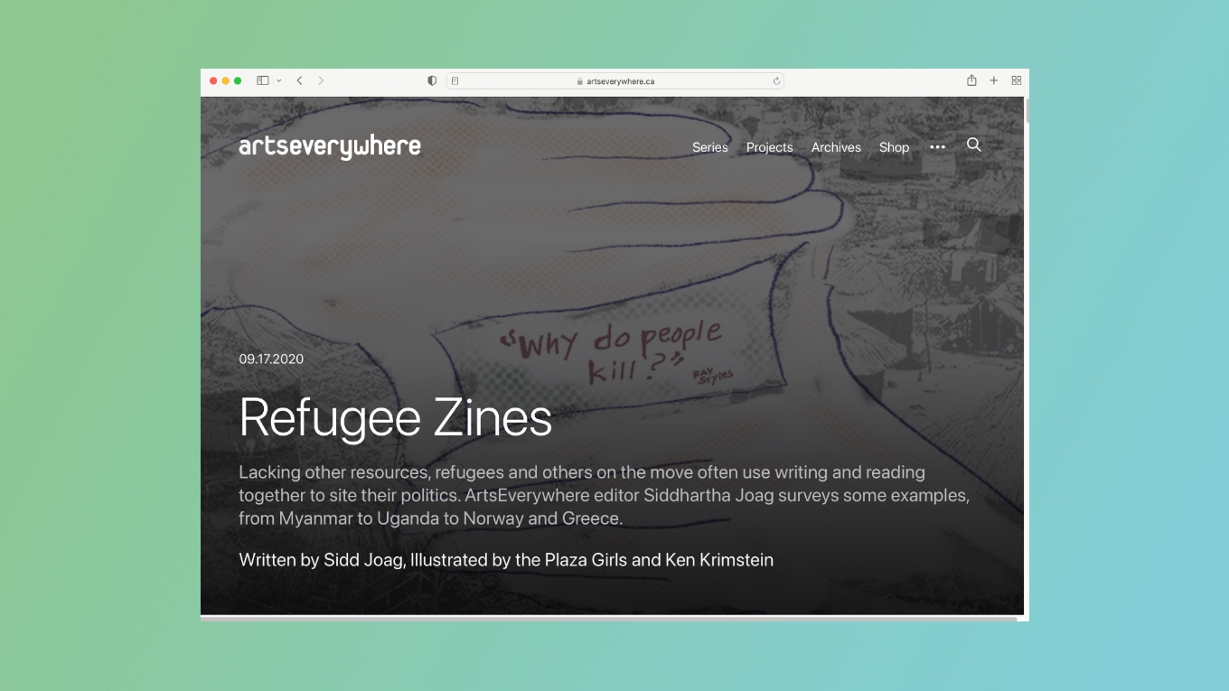 A screenshot shows a page of Refugee Zines on the ArtsEverywhere website.