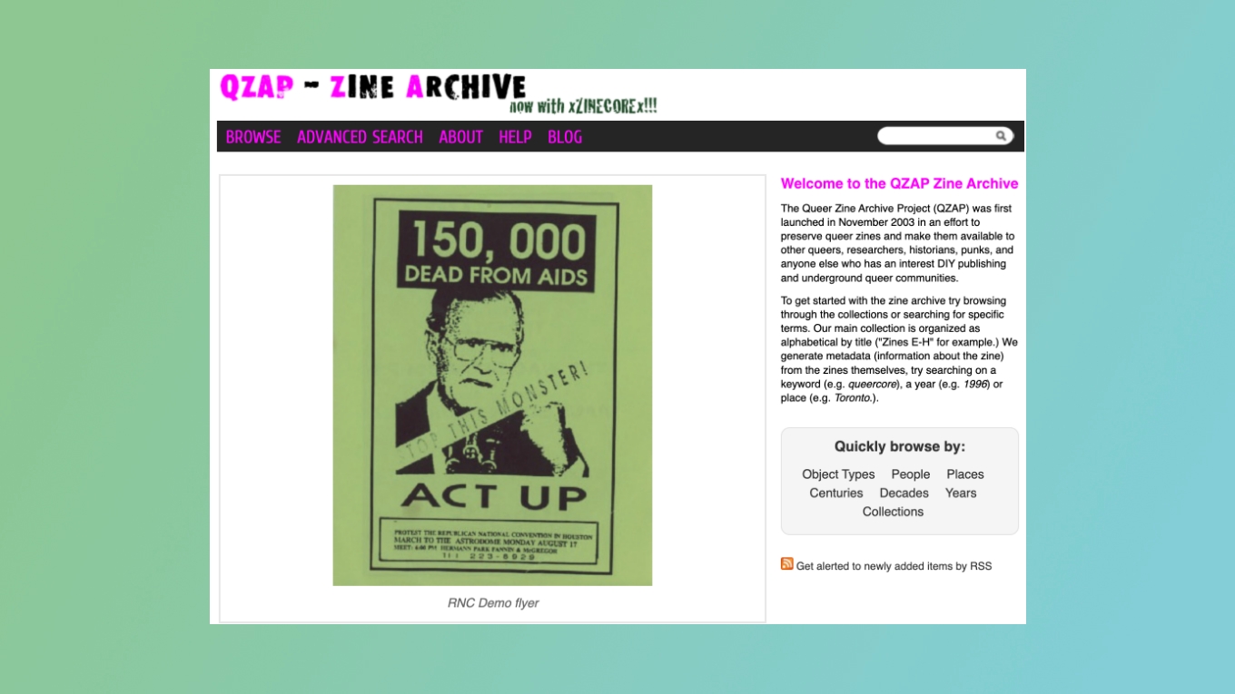 A screenshot of the Queer Zine Archive Project archive.v