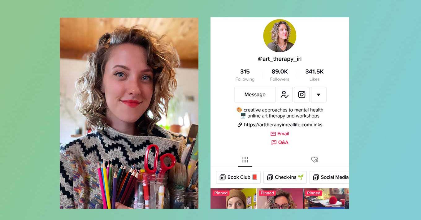 A headshot of Amelia Hutchison is beside a screenshot of her TikTok profile @art_therapy_irl. She has curly blond hair and wears a gray and black sweater. In front of her are art supplies like colored pencils and scissors.
