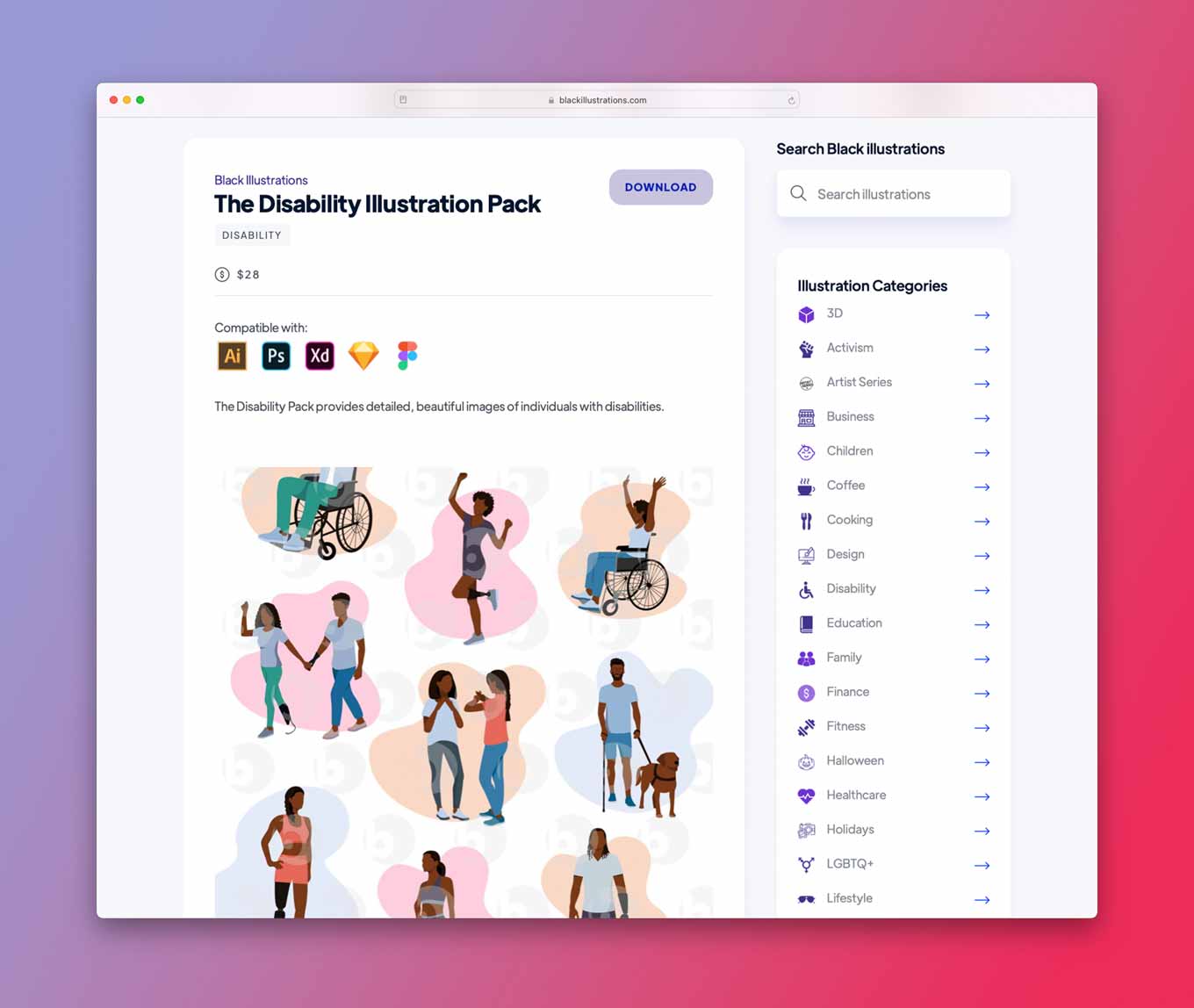 Screenshot of Black Illustrations Website: The Disability Illustrations pack, showing stock images of people with disabilities joyfully living their lives