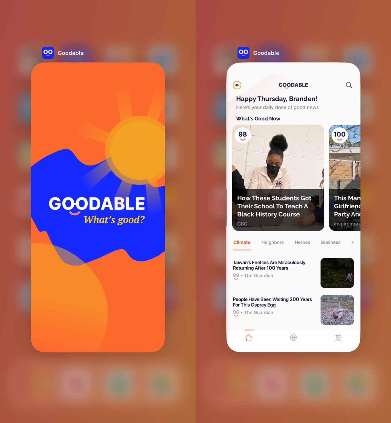 Good News App Goodble, showing the text "What's good" and positive news stories about Climate Change and Black History