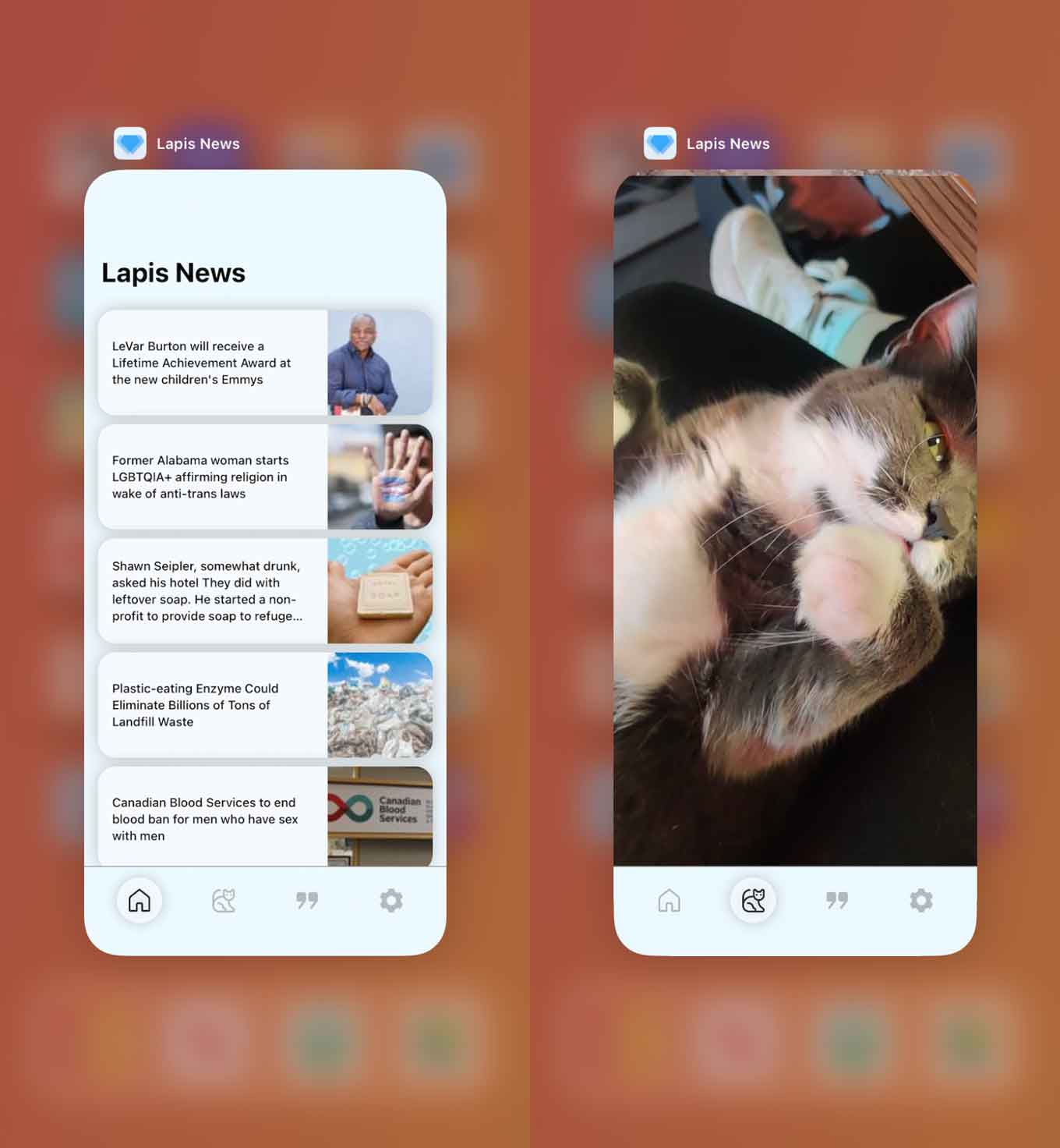 Good News App Lapis News, showing a series of uplifting news stories in a list and a video of a cat playing