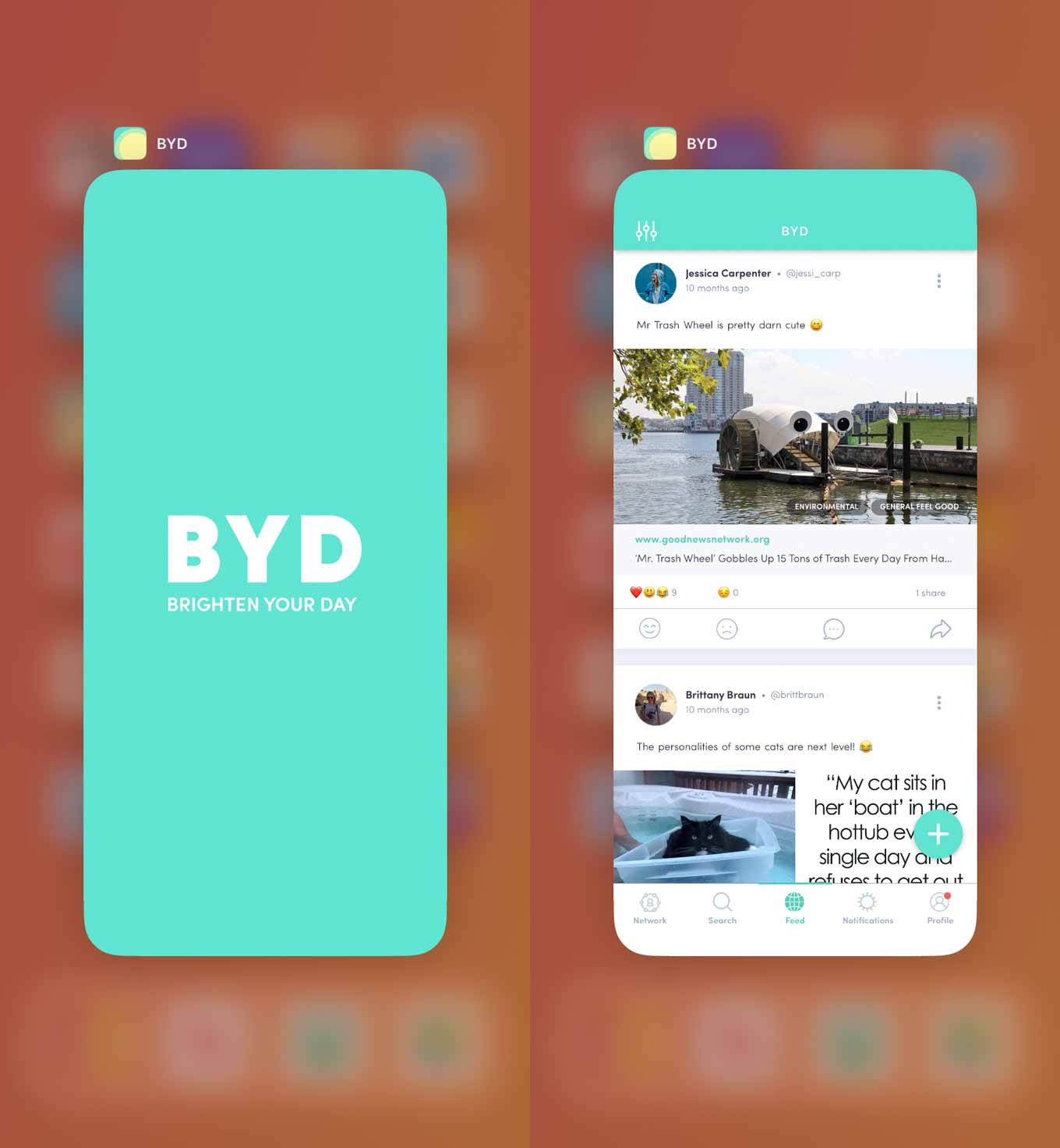 Good News App Brighten Your Day, showing a social media feel filled with happy news