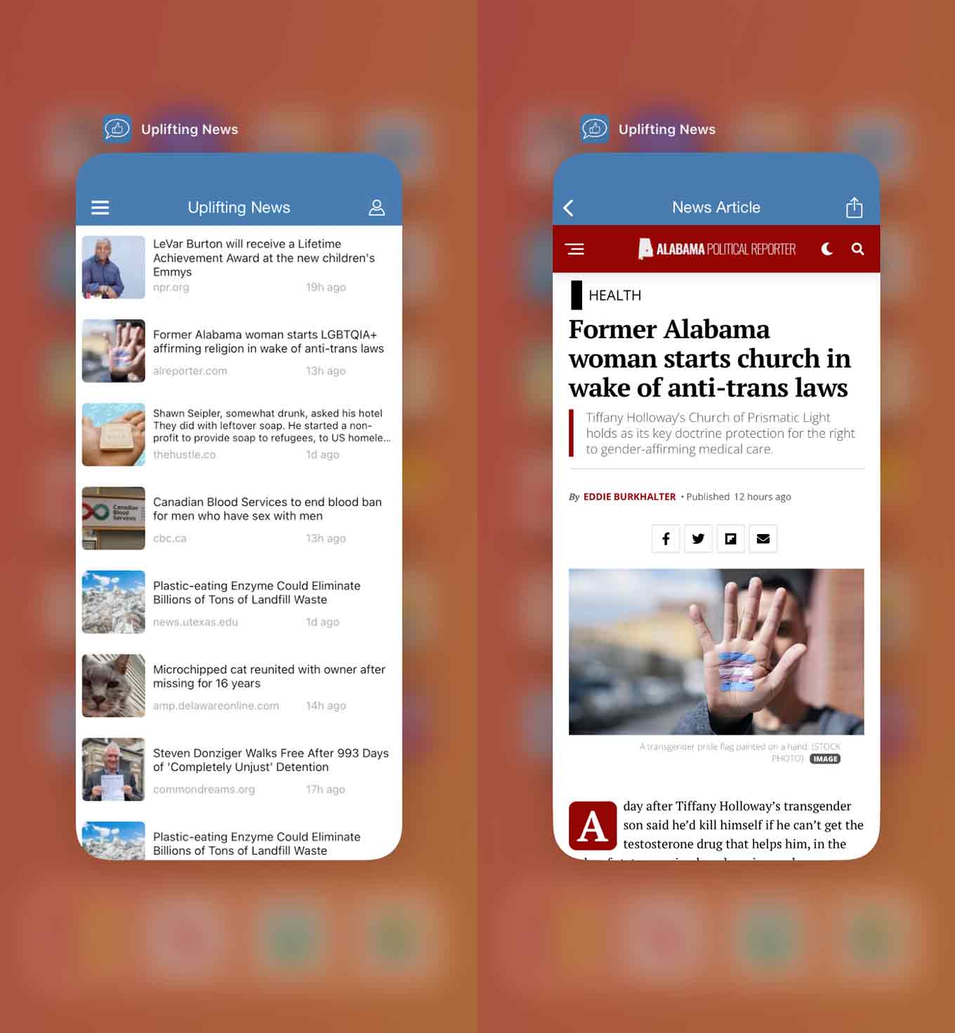 Good News App Uplifting News, showing a series of positive news articles, including a story about a Former Alabama woman starting a church in wake of anti-trans laws
