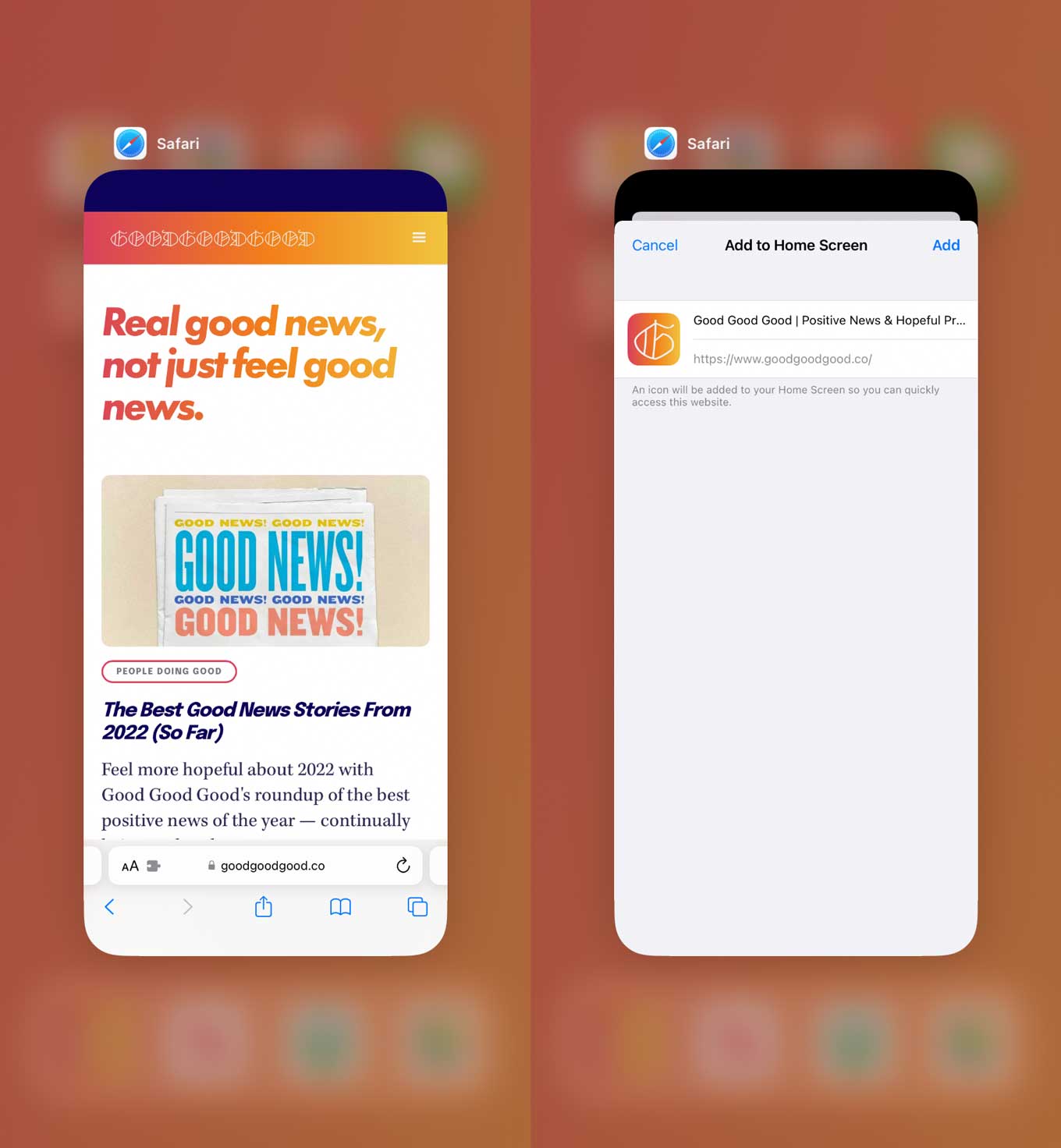 Screenshot of Good Good Good's positive news website, and how to turn it into a bookmark on your phone home screen like an app