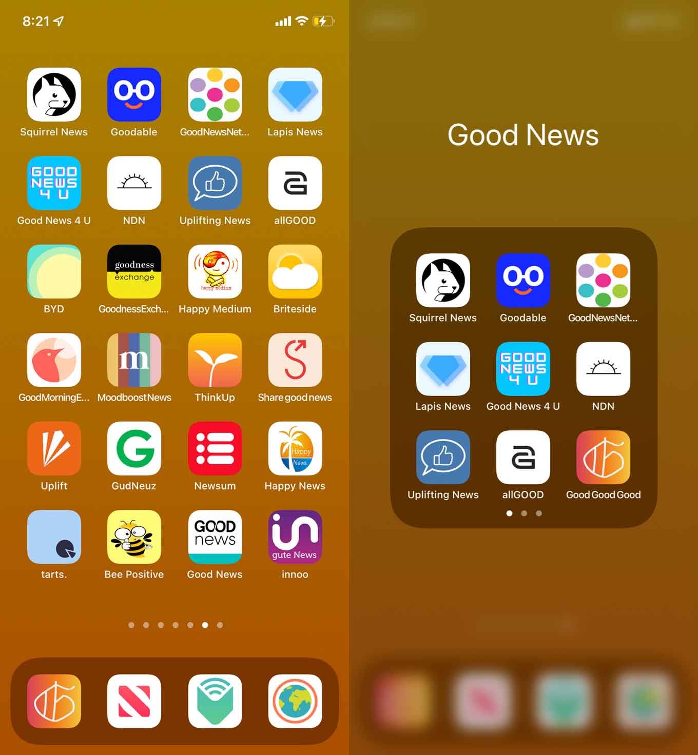 All good news apps collected on an iPhone home screen and in a folder, including allGood, NDN, BYD, Happy Medium, Briteside, Share Good Newsand more...