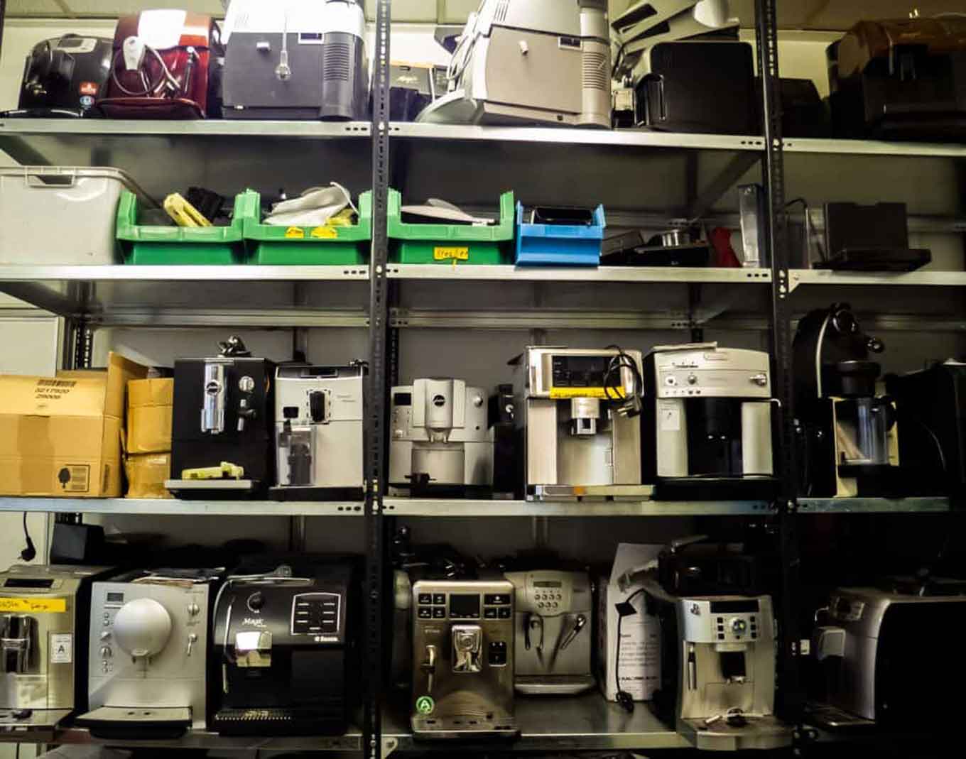 A wall of electric devices in a shelf