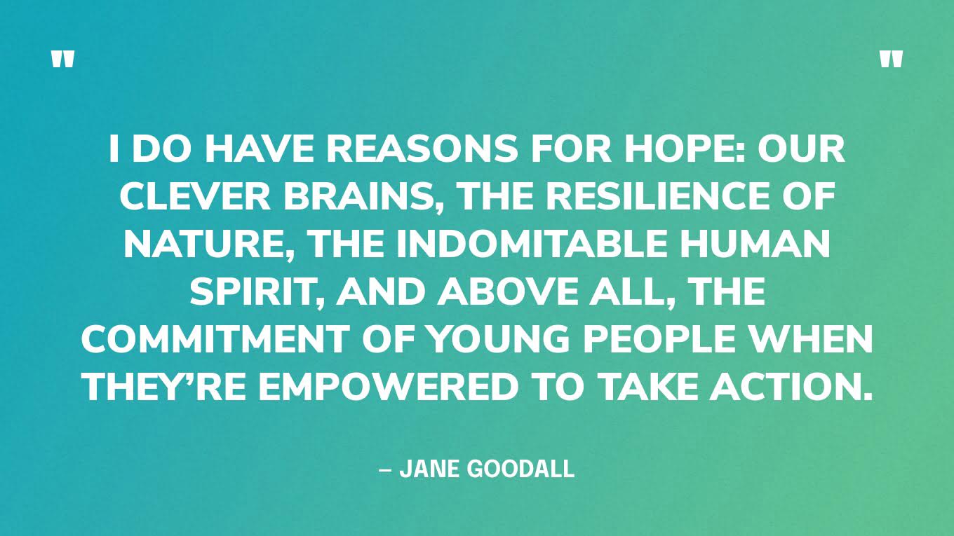 “I do have reasons for hope: our clever brains, the resilience of nature, the indomitable human spirit, and above all, the commitment of young people when they’re empowered to take action.” — Jane Goodall