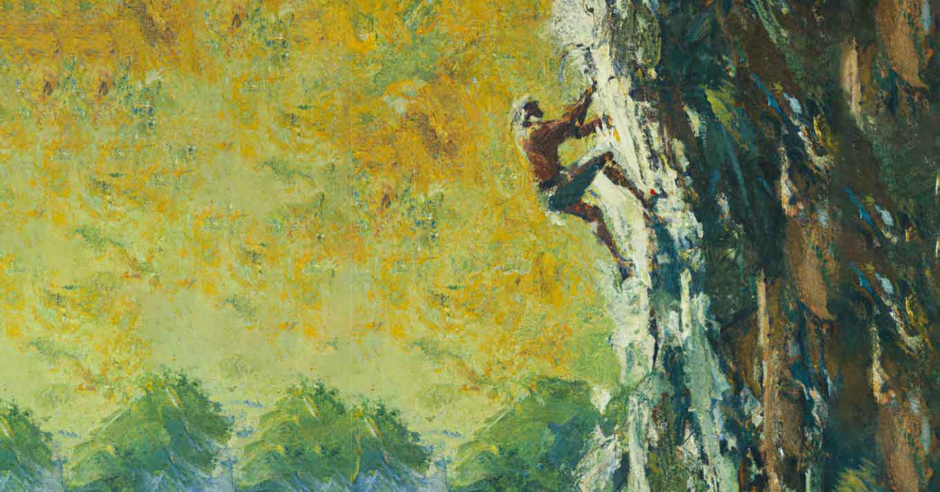 Painting of a Yvon Chouinard rock climbing