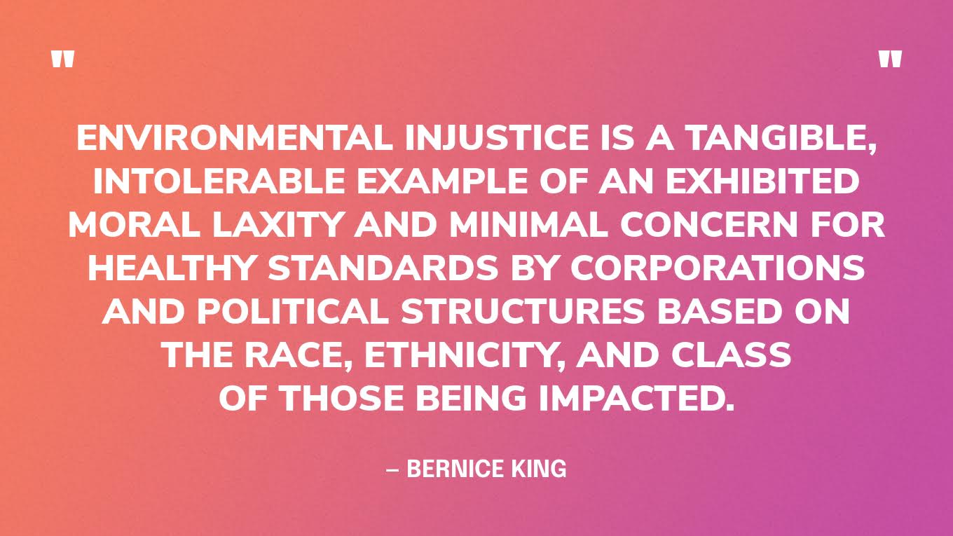 “Environmental injustice is a tangible, intolerable example of an exhibited moral laxity and minimal concern for healthy standards by corporations and political structures based on the race, ethnicity, and class of those being impacted.” — Bernice King