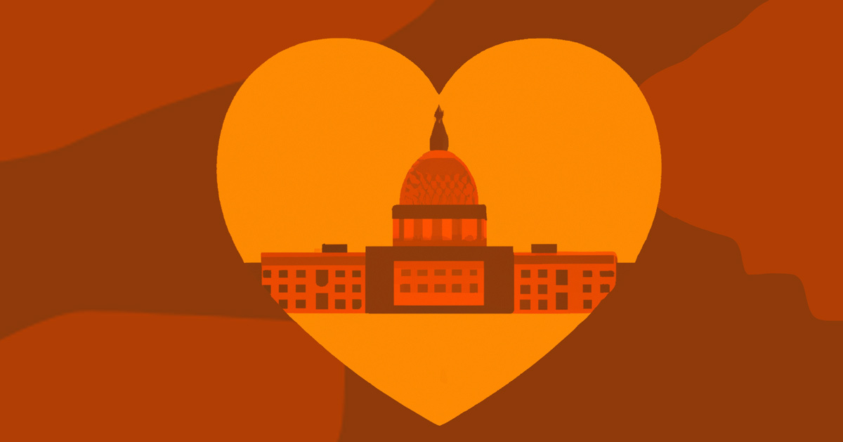 Orange image of a large heart with government building overlay
