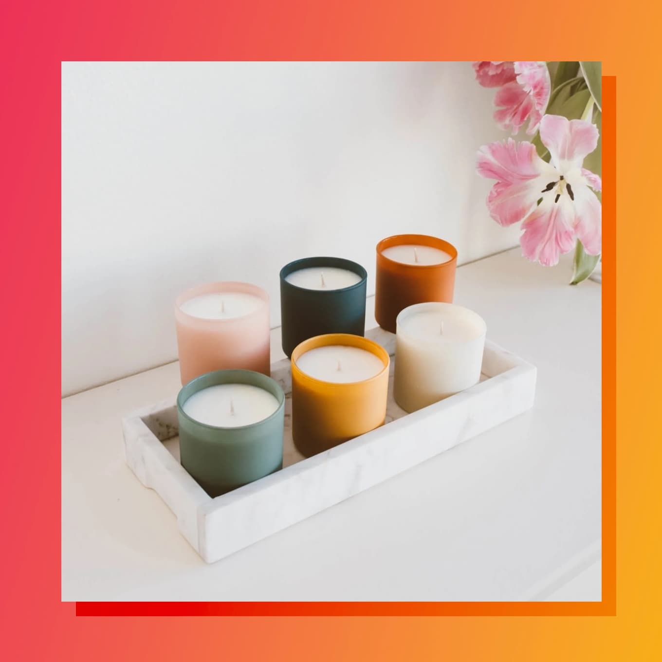 Six candles in colorful vessels lined up next to a pink flower