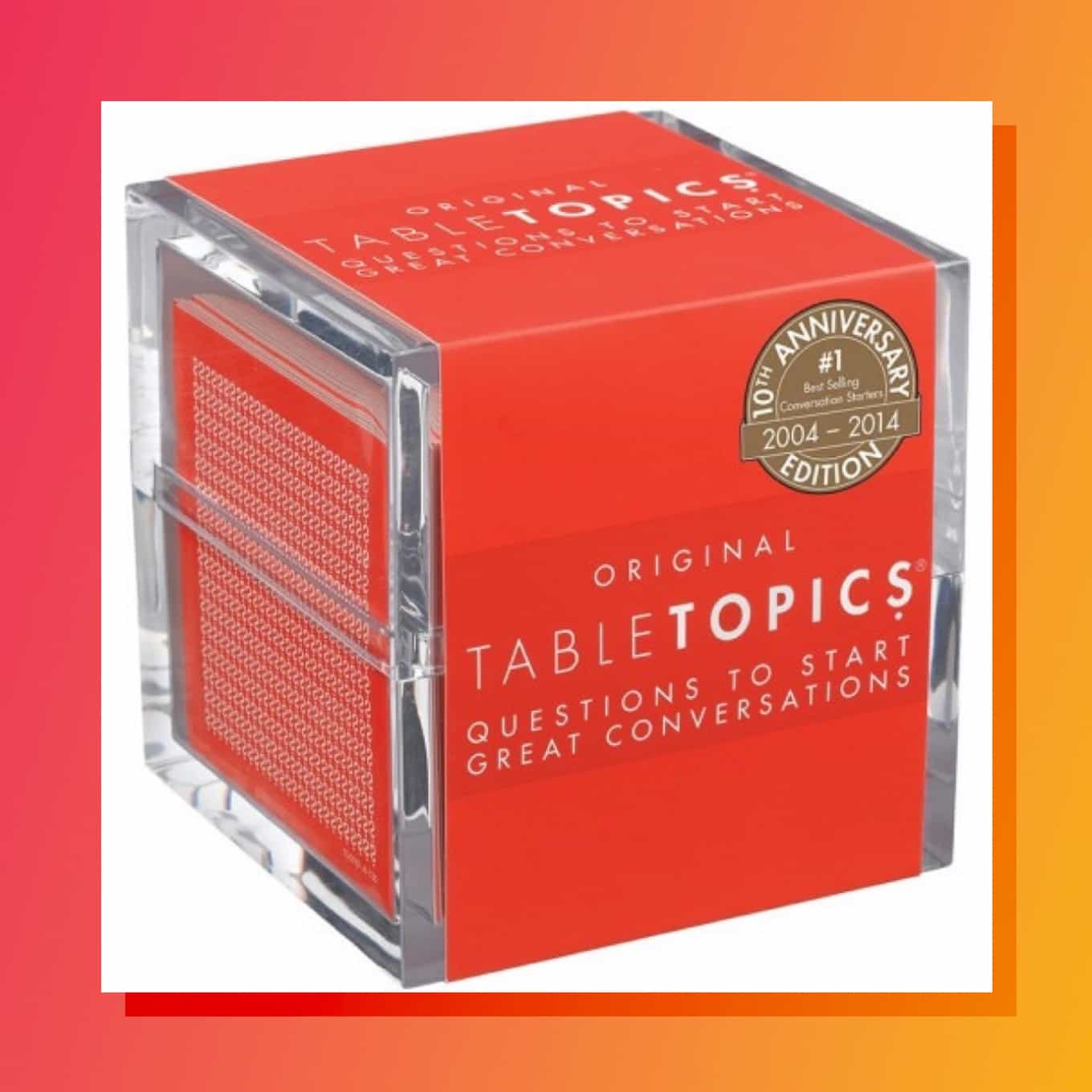 Square red box that says Original Table Topics Questions to start great conversations