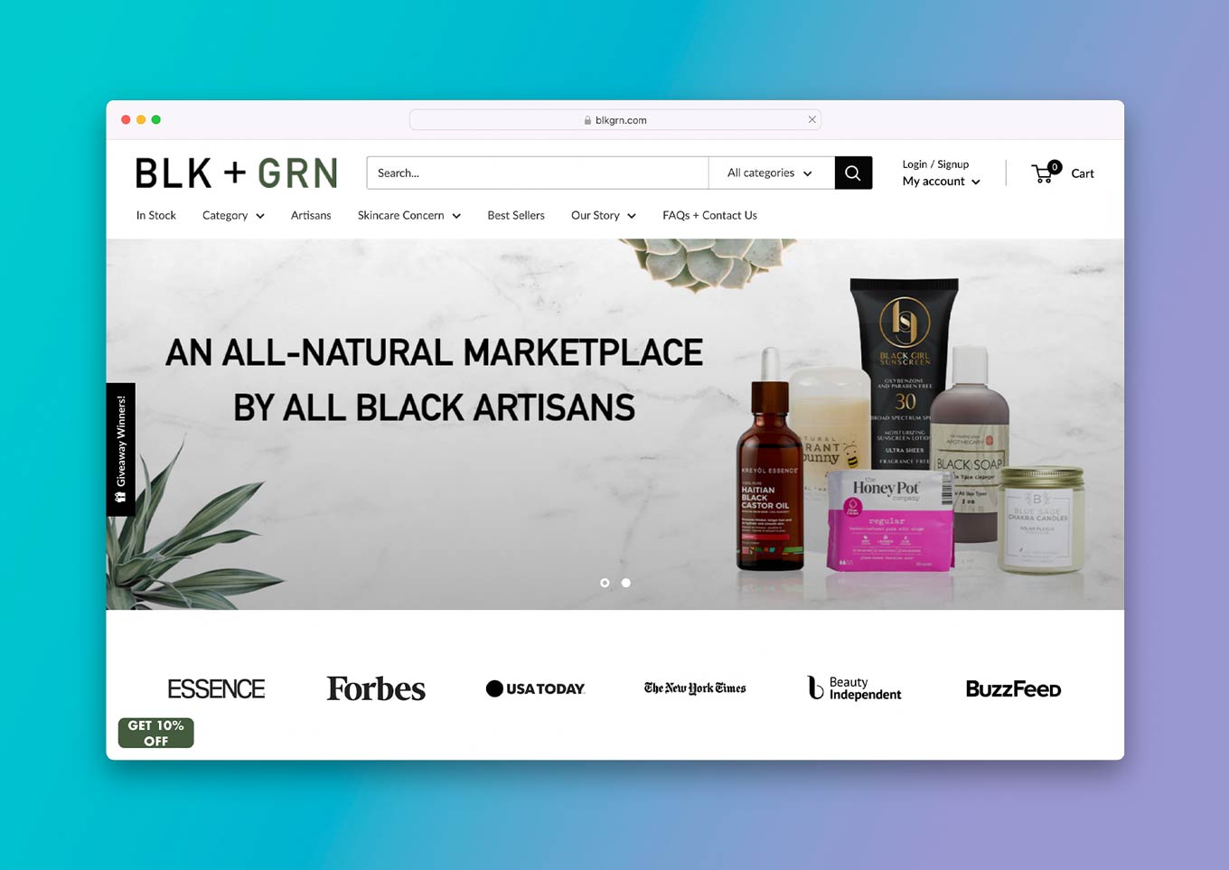 BLK + GRN Website: "An all-natural marketplace by all Black artisans"