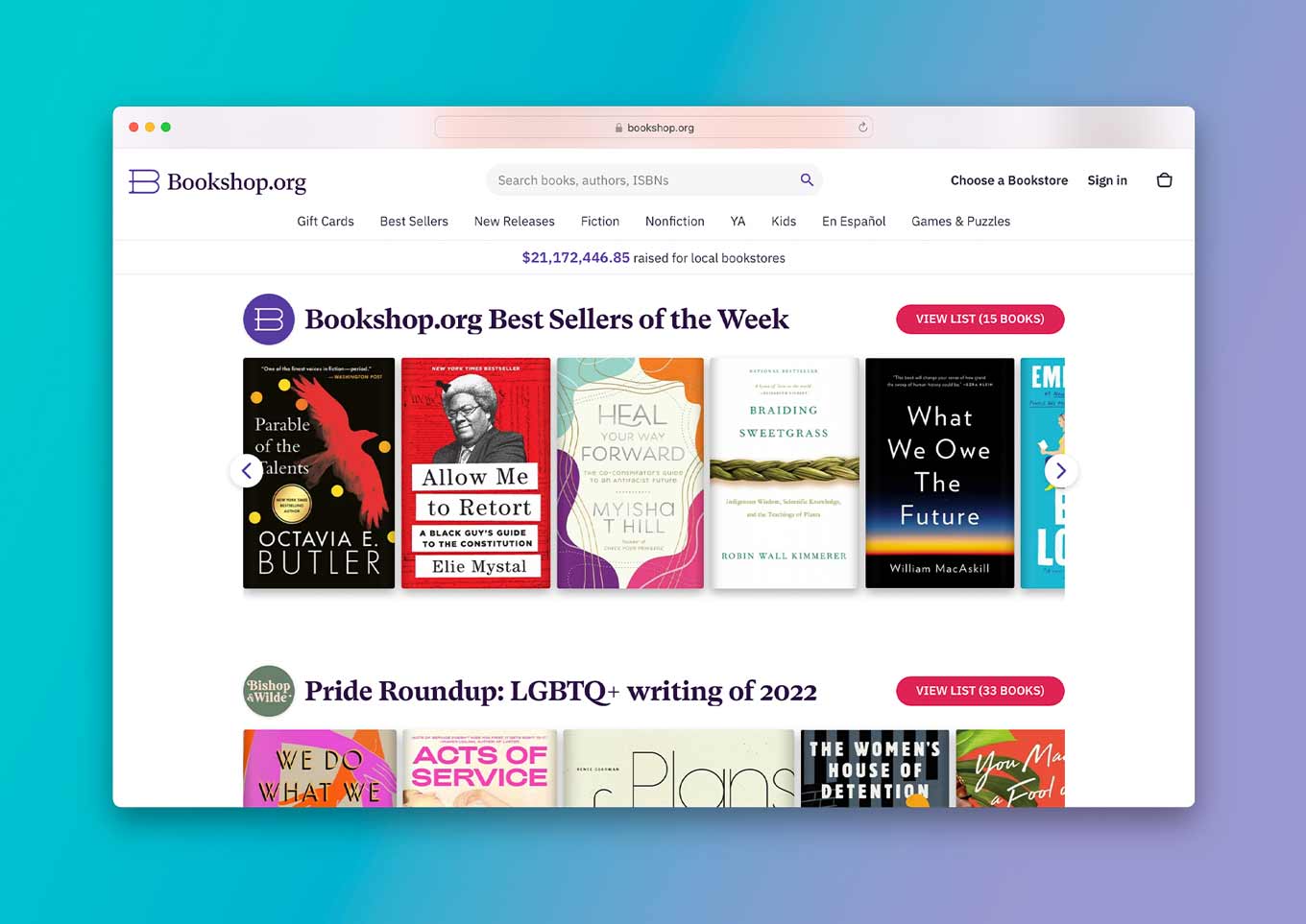 Bookshop.org Website: "Best Sellers of the Week" / "Pride Roundup LGBTQ+ Writing of 2022"