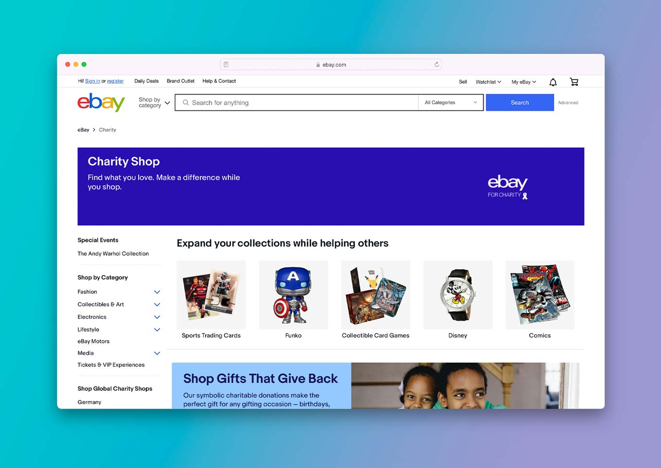 eBay for Charity Website: "Charity Shop - Find what you love. Make a difference while you shop."