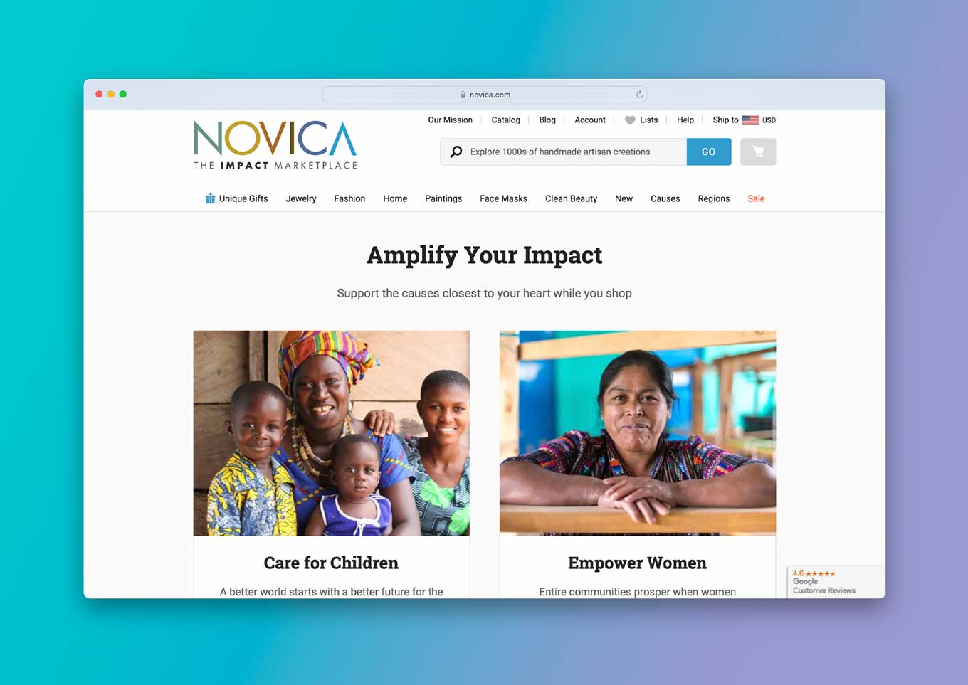 NOVICA Website: "The Impact Marketplace" and "Amplify Your Impact: Support the causes closest to your heart while you shop" 