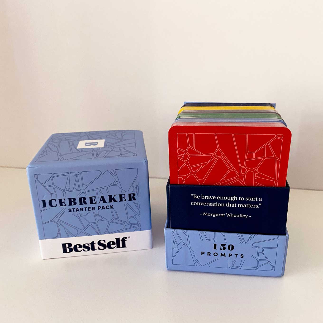 Box for Best Self Co. with the words: Icebreaker Starter Pack / 150 Prompts / "Be brave enough to start a conversation that matters."  — Margaret Wheatley