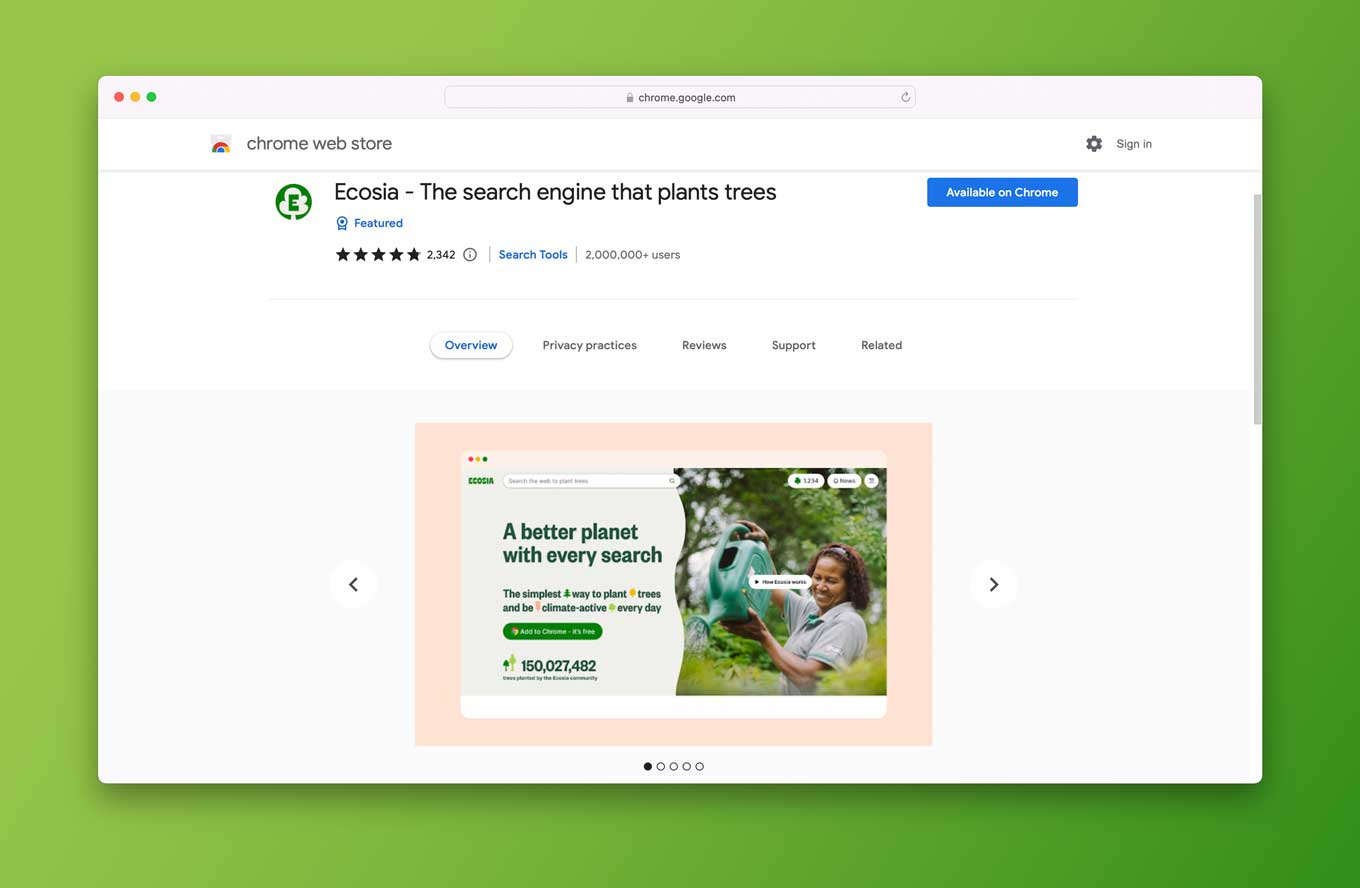 Ecosia Browser Extension for Google Chrome, with the text "The search engine that plants trees"