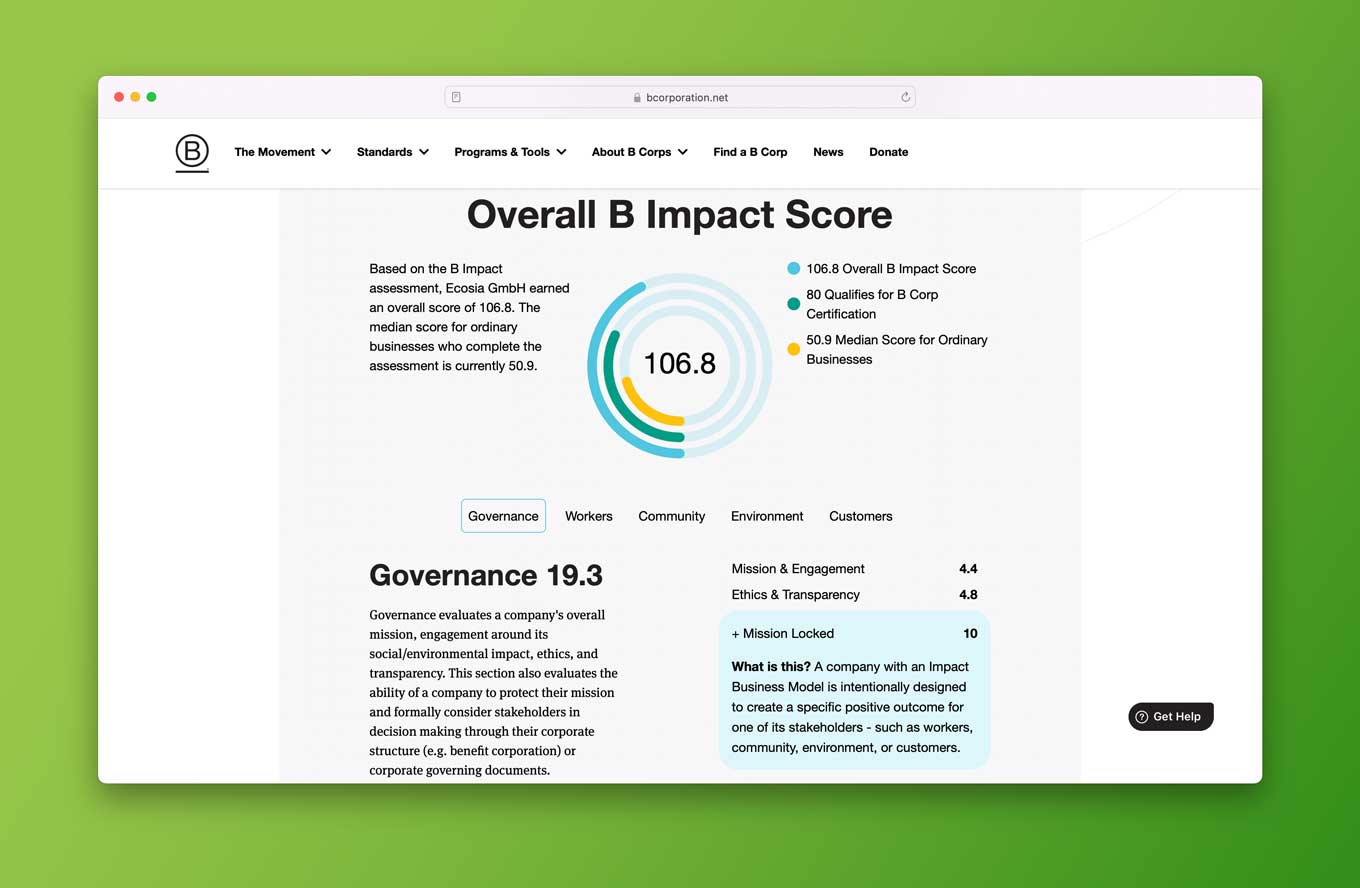 Screenshot showing Ecosia's B Corp profile on the B Labs website.