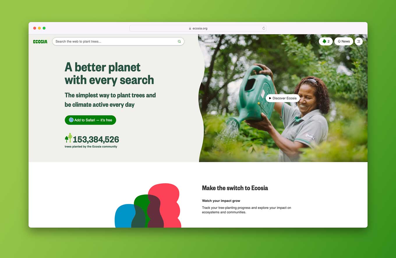 Ecosia's homepage, with the words "A better planet with every search"