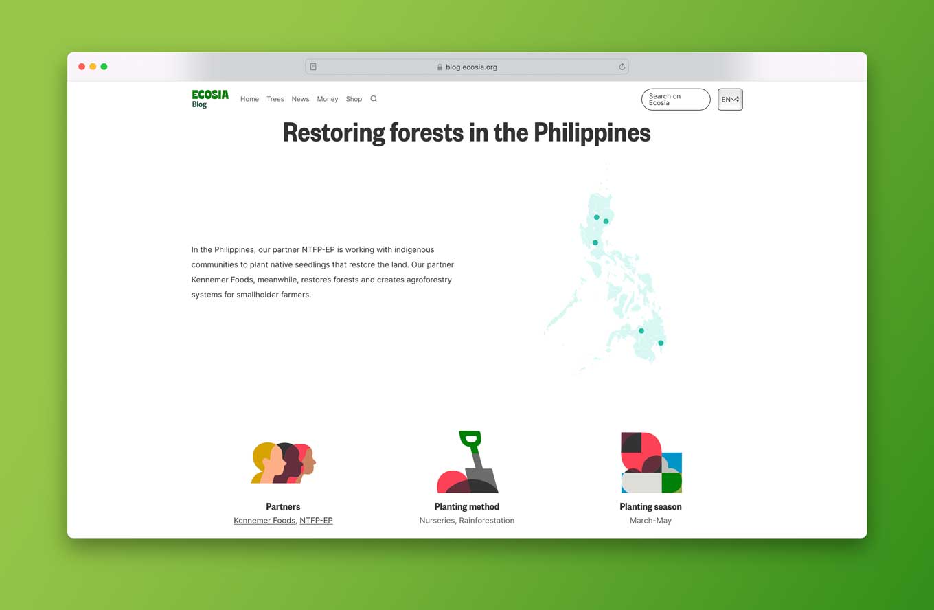 Screenshot of a web page that says "Restoring forests in the Philippines" and includes a map of the tree plantings in the country