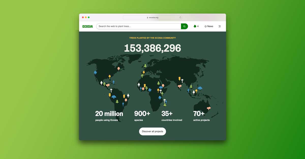 Ecosia.org's homepage on a green background