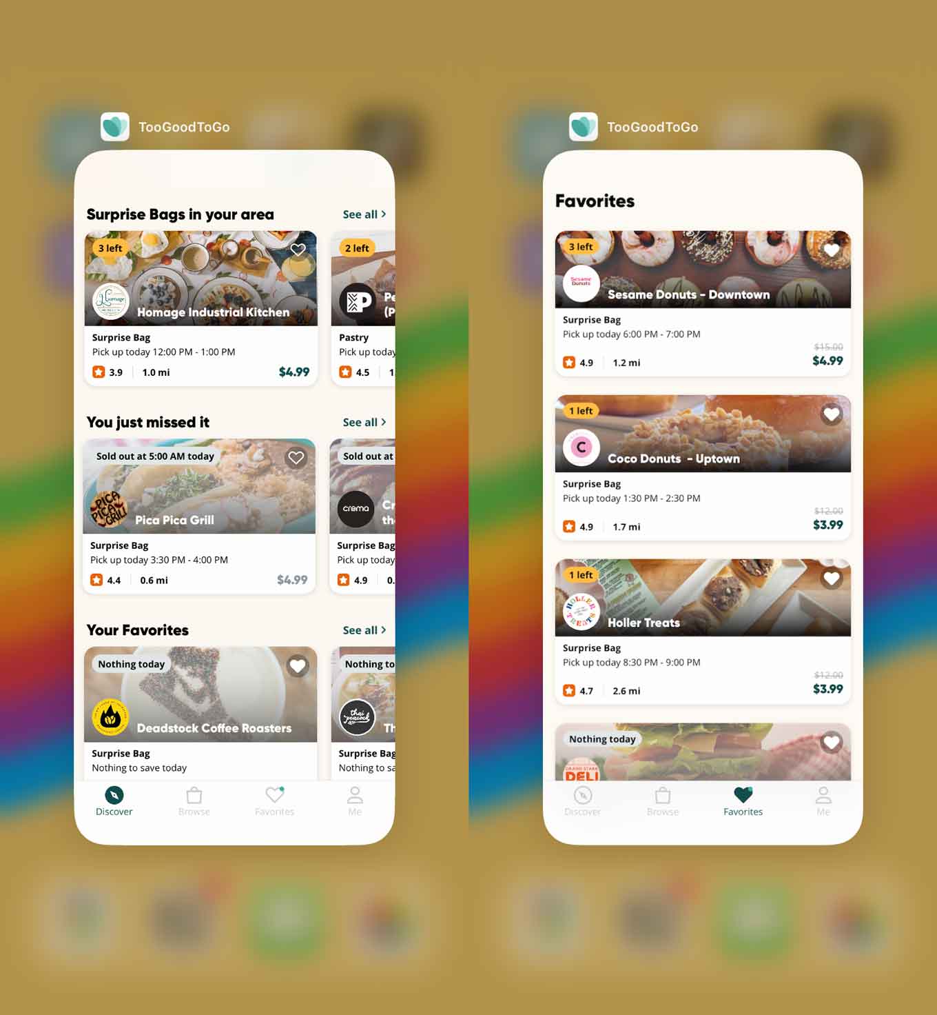 Screenshots of the Too Good To Go app on iPhone, showing available Surprise Bags