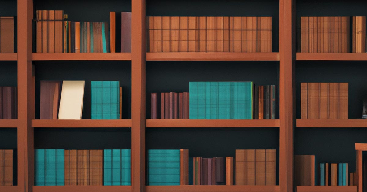 Illustration of library shelves full of brown and blue books