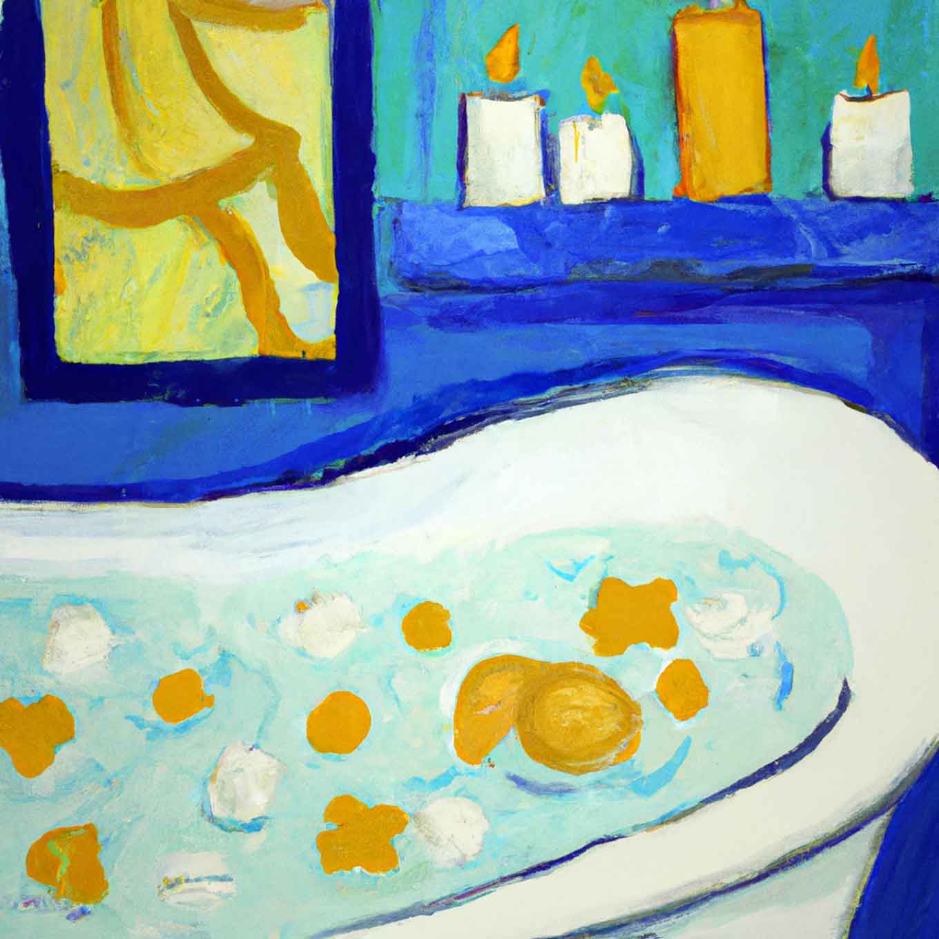 Abstract oil painting of a bubble bath and candles